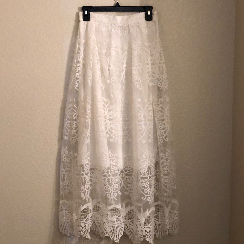 Lucy Paris White Embroidered Lace Midi Skirt